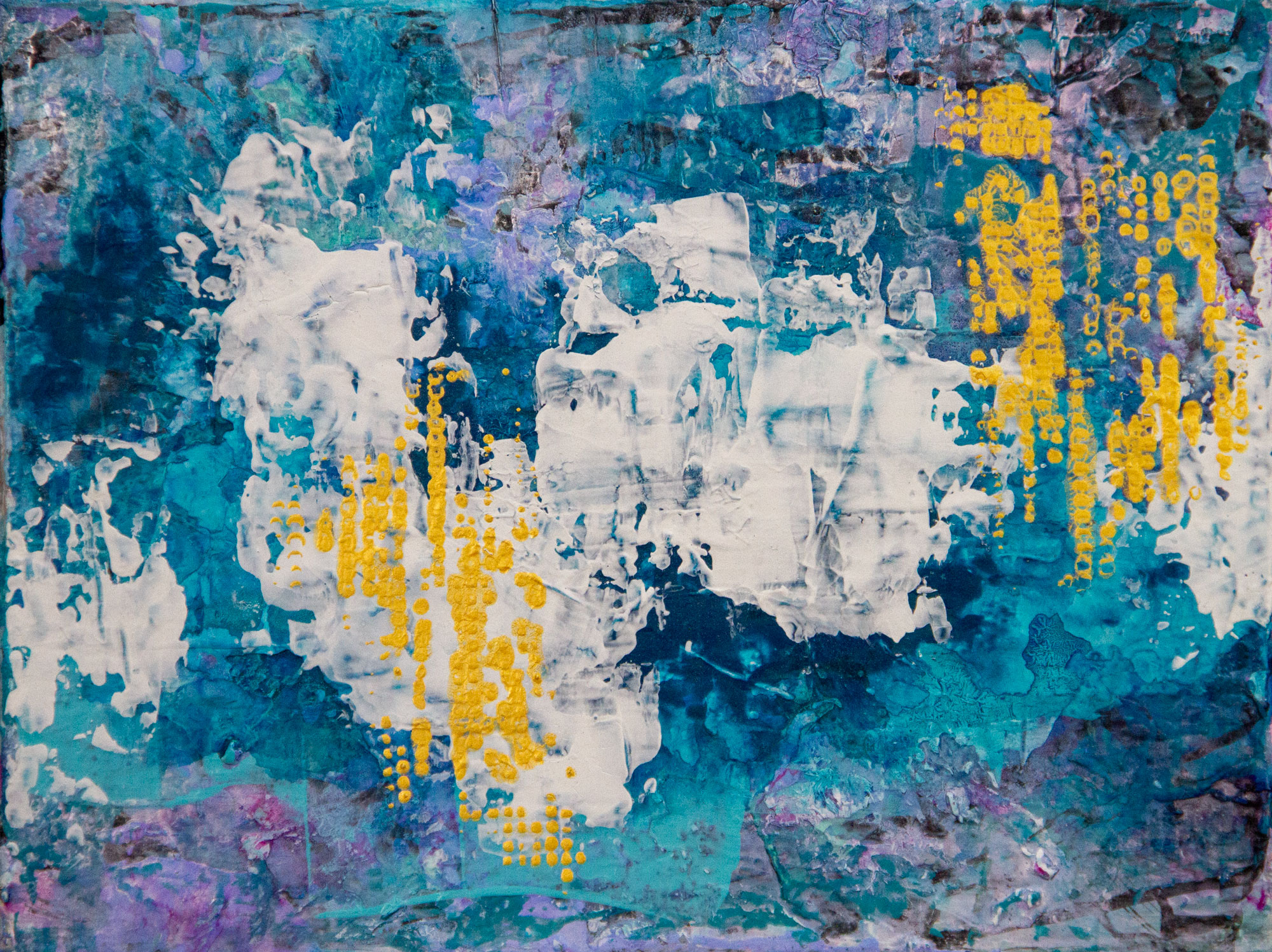 Touch of Yellow original 9x12 textured acrylic abstract painting in teal and white with columns of golden yellow dots by Kristy Lewellen