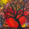Tree of Love original 12x16 acrylic painting of a black tree silhouette against a red and orange sky by Kristy Lewellen