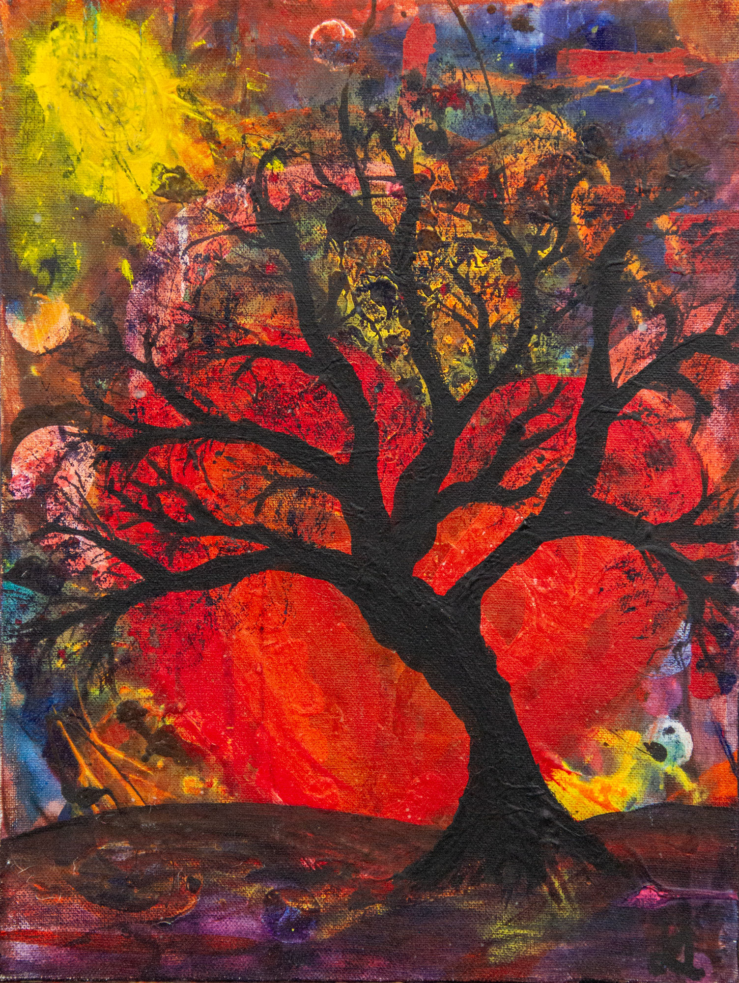 Tree of Love original 12x16 acrylic painting of a black tree silhouette against a red and orange sky by Kristy Lewellen