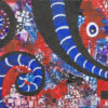 Blue Swirl original 8x10 acrylic abstract painting with thick black spirals, royal blue and red patchwork by Kristy Lewellen