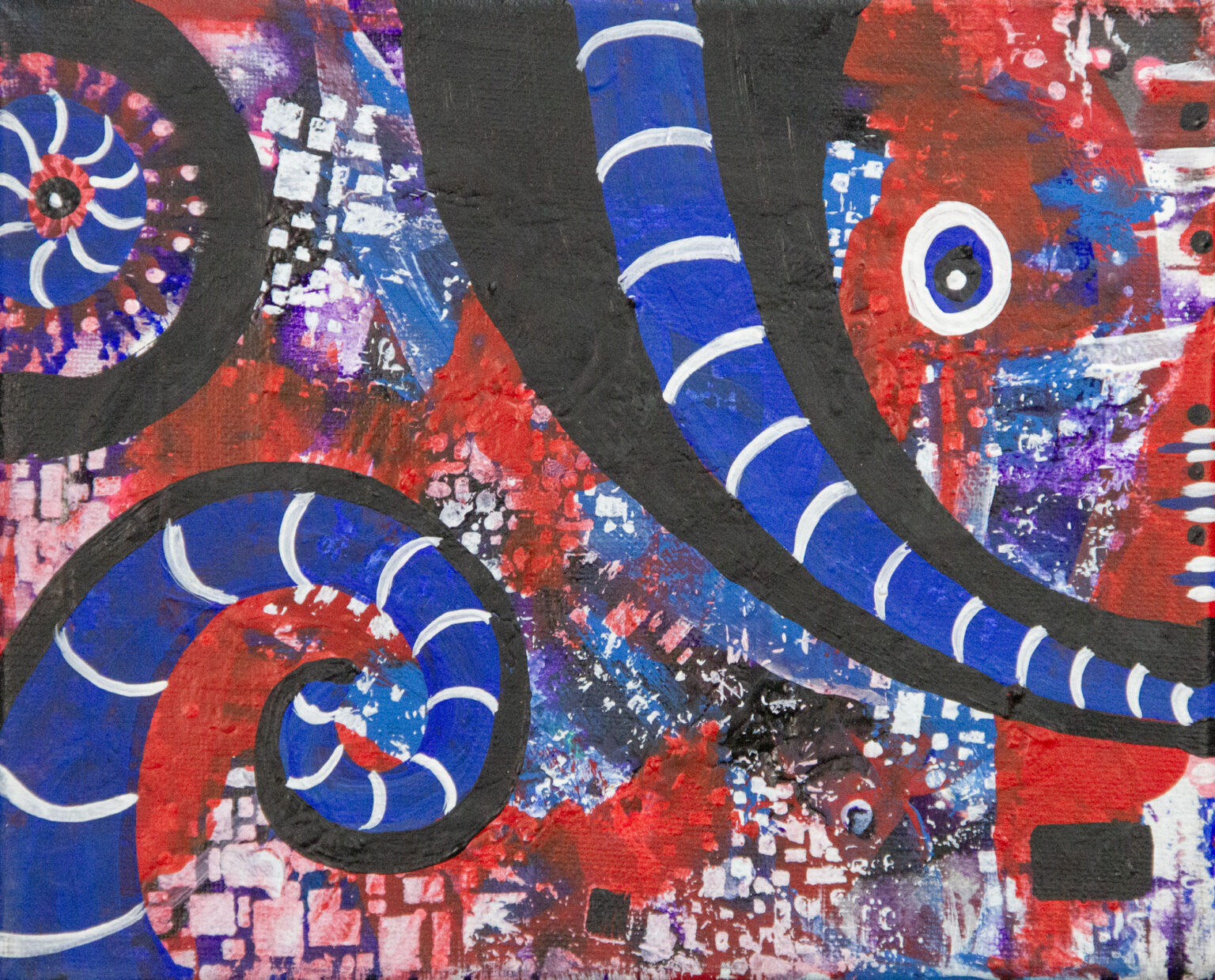 Blue Swirl original 8x10 acrylic abstract painting with thick black spirals, royal blue and red patchwork by Kristy Lewellen