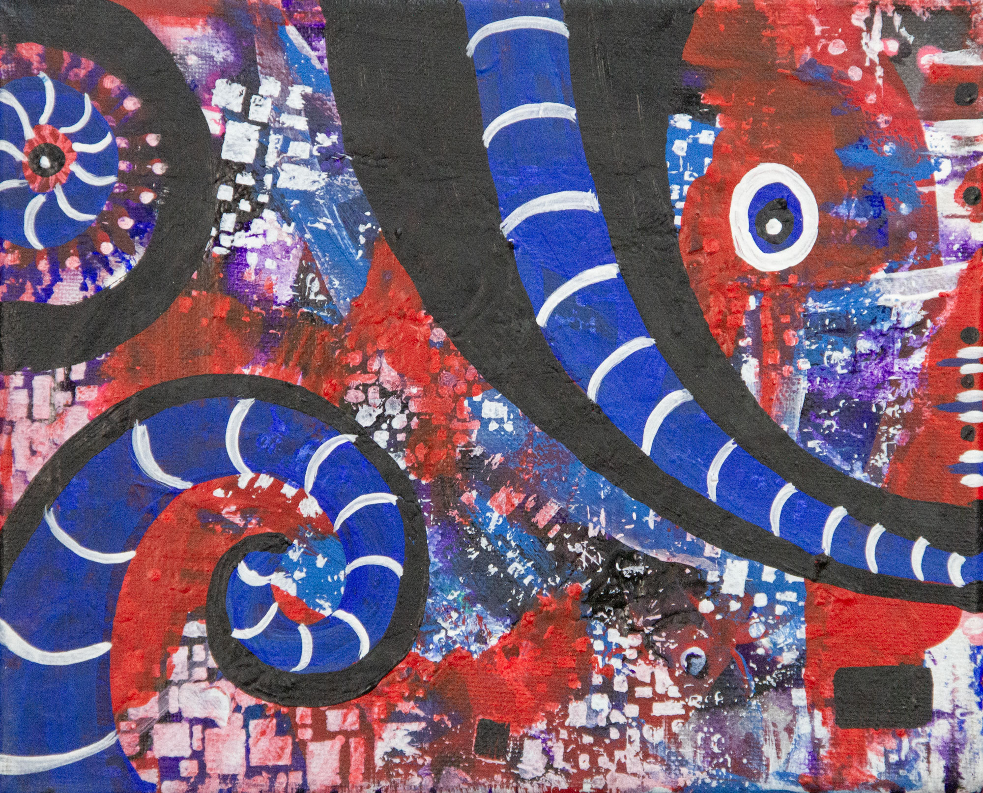 Blue Swirl original 8x10 acrylic abstract painting with thick black spirals, royal blue and red patchwork by Kristy Lewellen