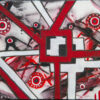 Crossroads original 9x12 acrylic abstract painting with red and white bars crossing a smoky grey ground by Kristy Lewellen