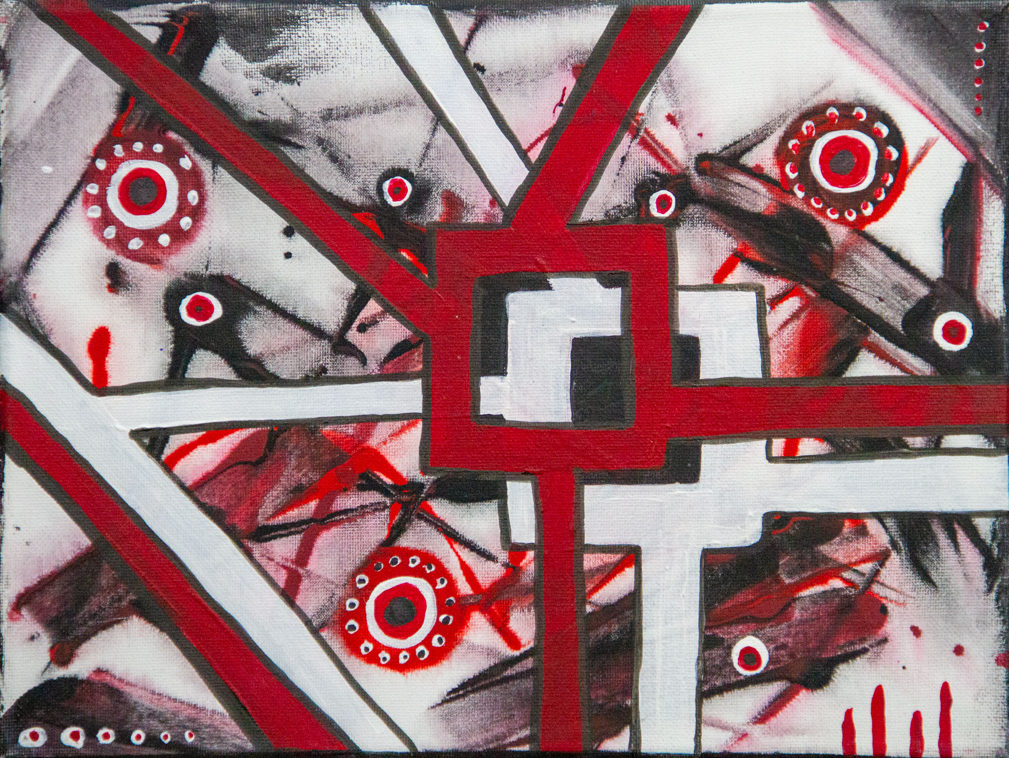Crossroads original 9x12 acrylic abstract painting with red and white bars crossing a smoky grey ground by Kristy Lewellen