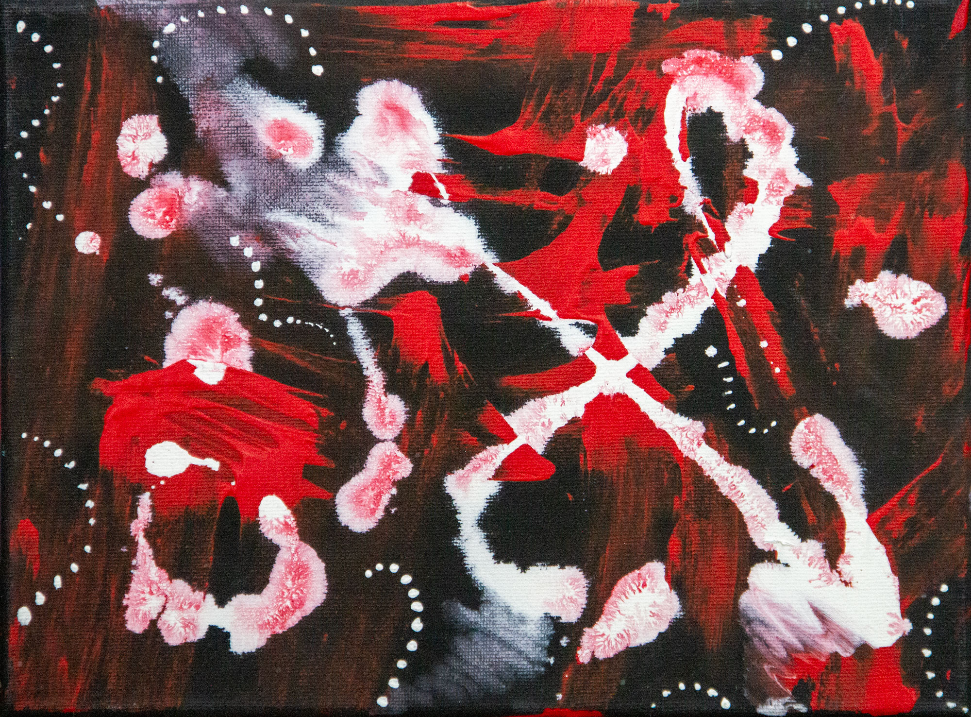 Dot Dot X original 9x12 acrylic abstract painting with white blooms and a white X over deep red and black by Kristy Lewellen