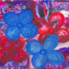 Flowering original 9x12 floral acrylic painting with loose blue and red flowers on a magenta and violet ground by Kristy Lewellen