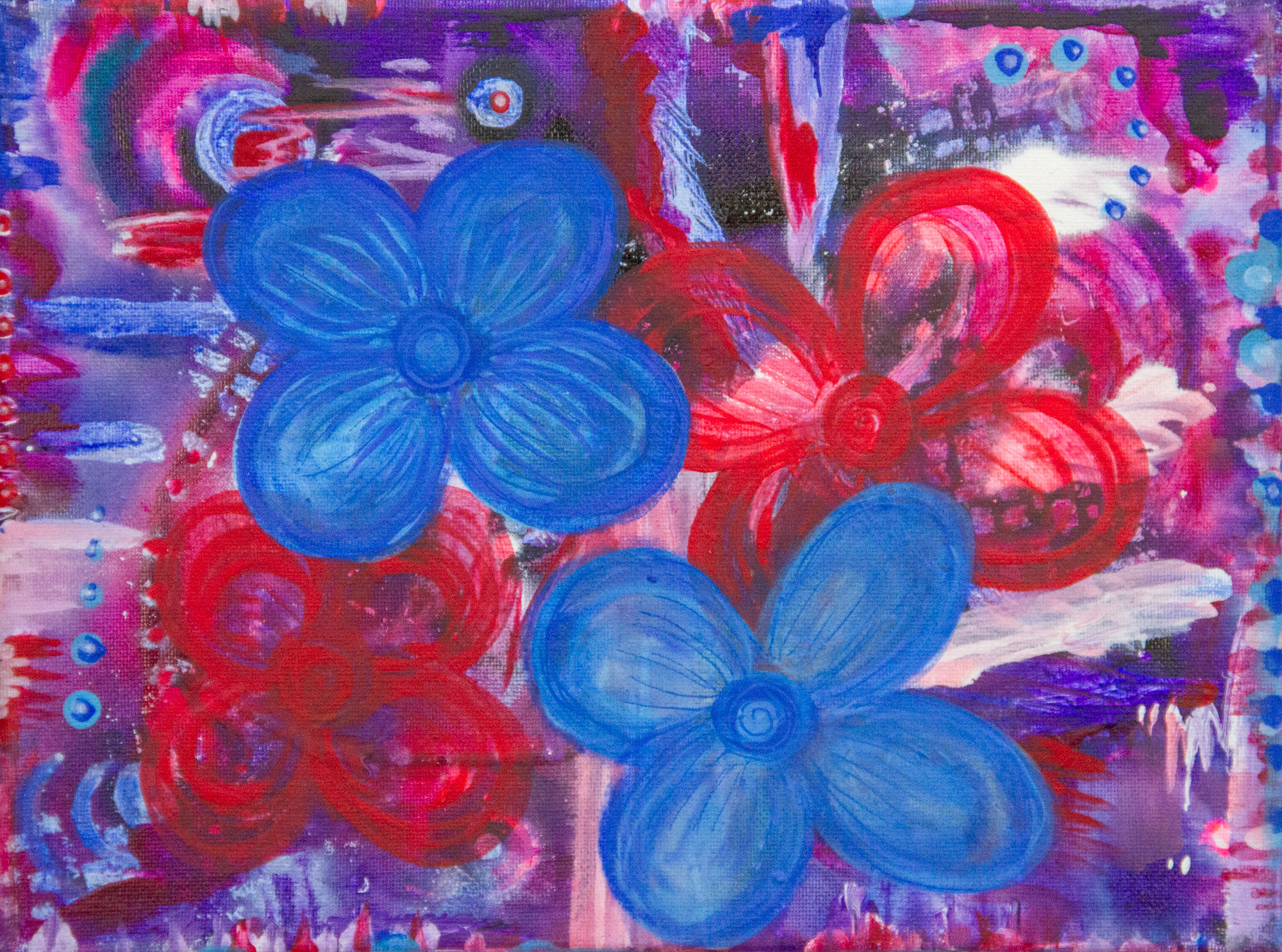 Flowering original 9x12 floral acrylic painting with loose blue and red flowers on a magenta and violet ground by Kristy Lewellen