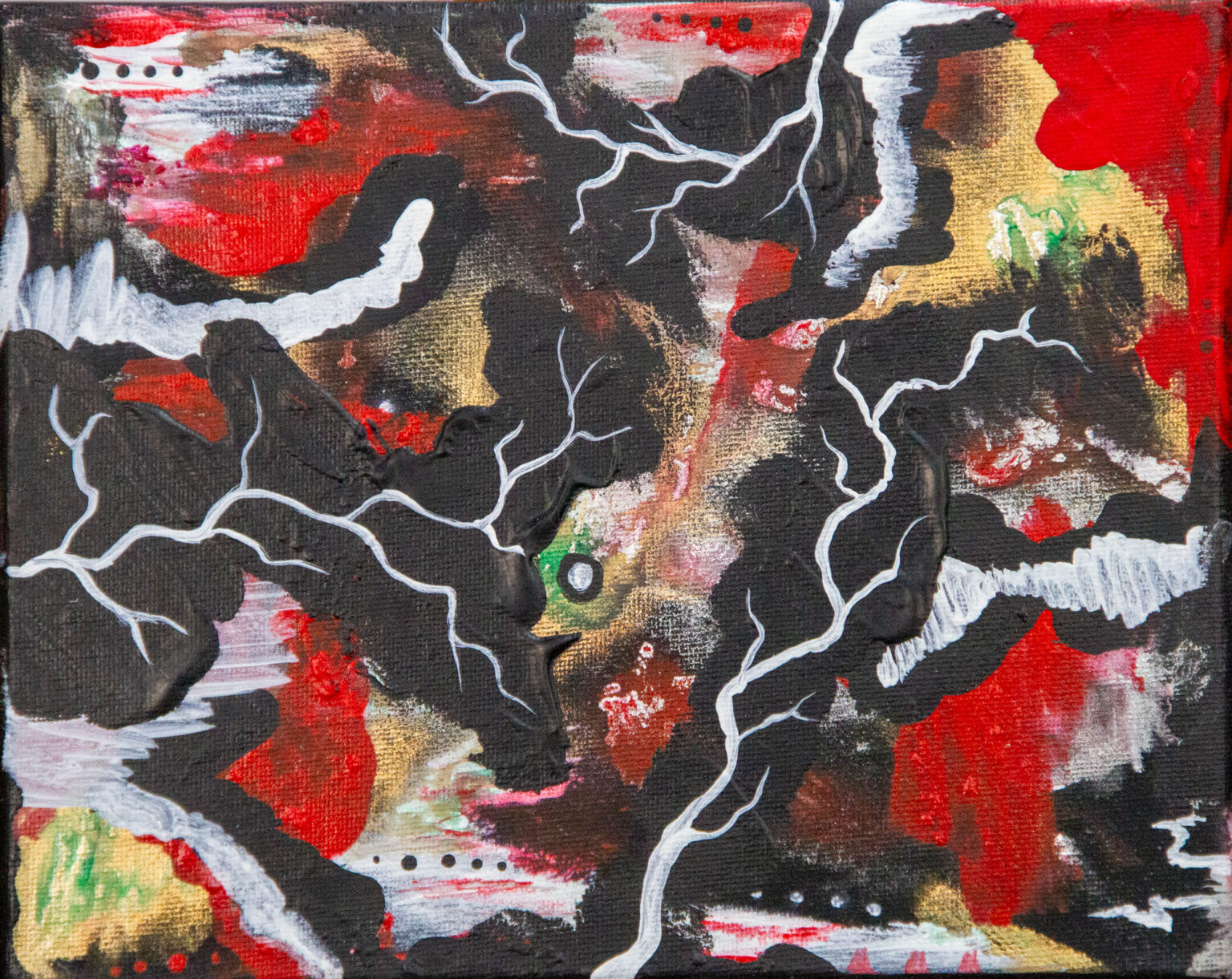 Jolt original 8x10 acrylic abstract painting with white lightning lines over black, red and gold by Kristy Lewellen