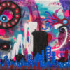 Neon Skyline original 8x10 acrylic painting of a blue city skyline under a turquoise and magenta sky by Kristy Lewellen