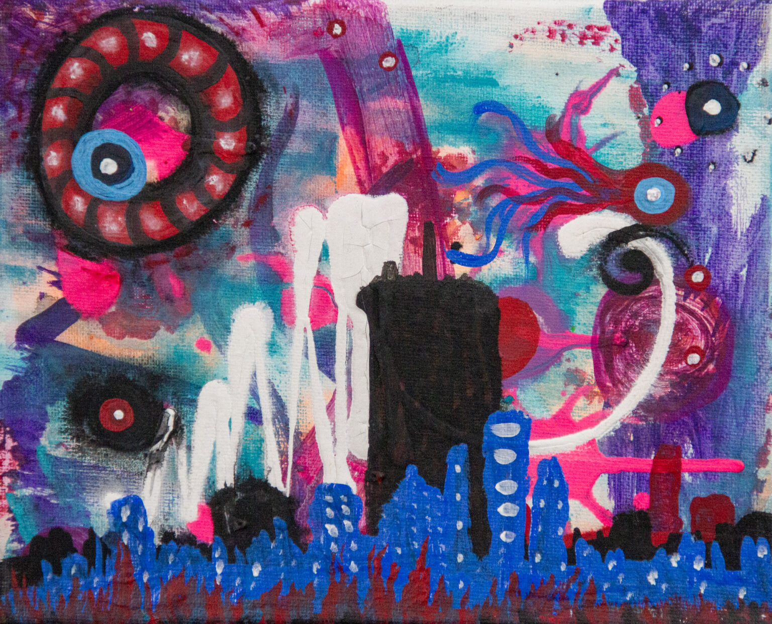 Neon Skyline original 8x10 acrylic painting of a blue city skyline under a turquoise and magenta sky by Kristy Lewellen