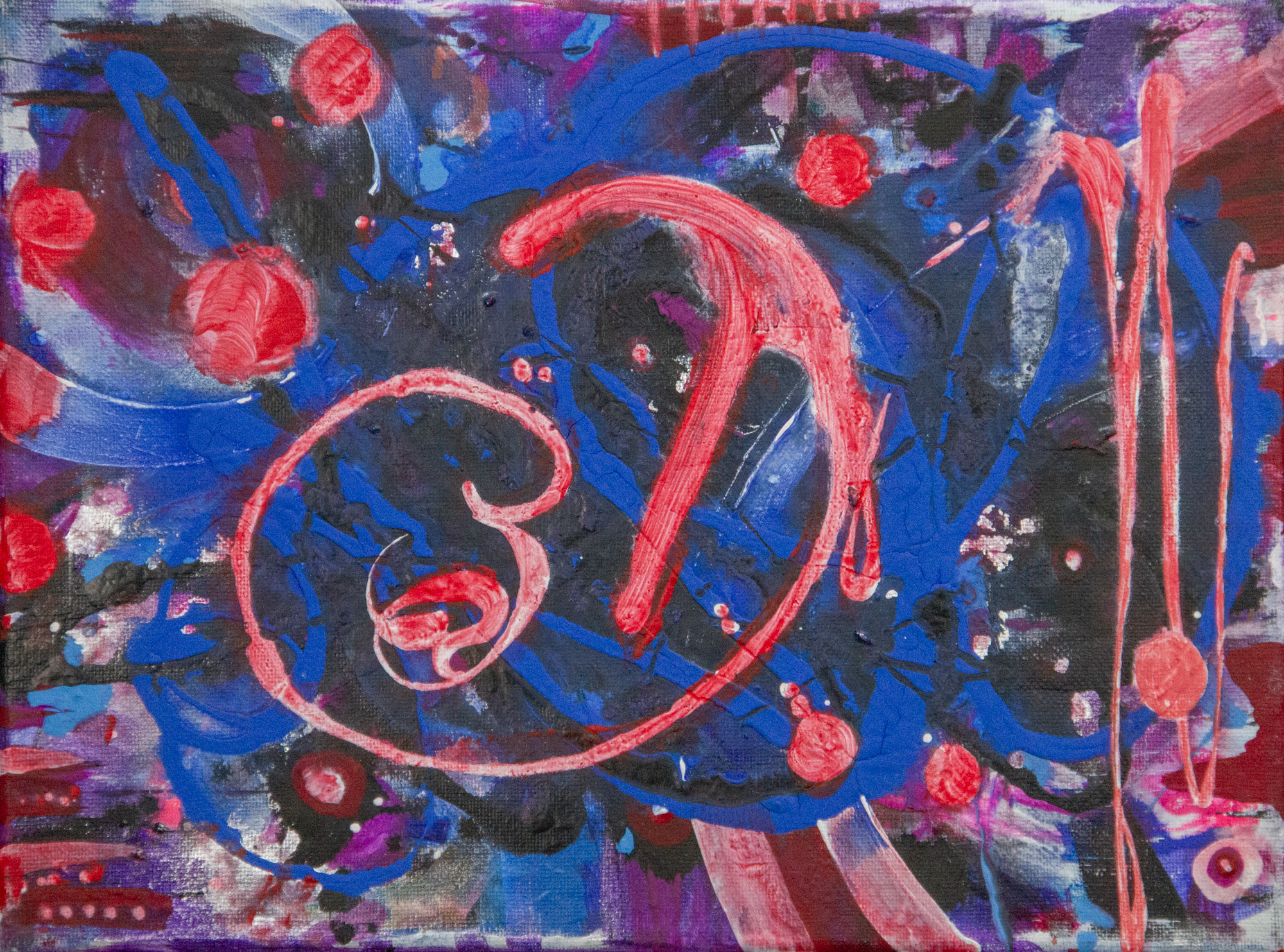 Red Vibes original 9x12 acrylic abstract painting with coral loops and drips over cobalt blue and black by Kristy Lewellen