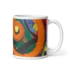 Electric Flow art mug — bold orange swirl abstract painting wrapped on a white 11 oz ceramic mug
