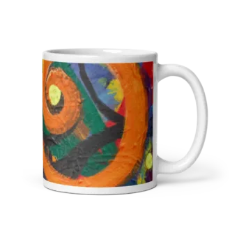Electric Flow art mug — bold orange swirl abstract painting wrapped on a white 11 oz ceramic mug