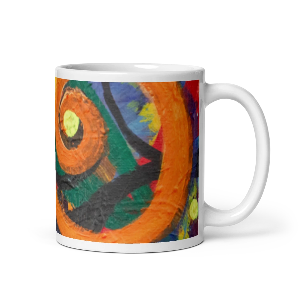 Electric Flow art mug — bold orange swirl abstract painting wrapped on a white 11 oz ceramic mug