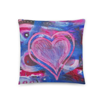 Loving Heart throw pillow — pink heart over cobalt blue and magenta, printed from an acrylic painting by Pacific Northwest artist Kristy Lewellen