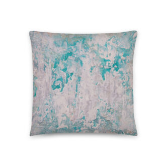 Teal Escape throw pillow — blush white over deep turquoise, printed from a textured abstract acrylic painting by Pacific Northwest artist Kristy Lewellen