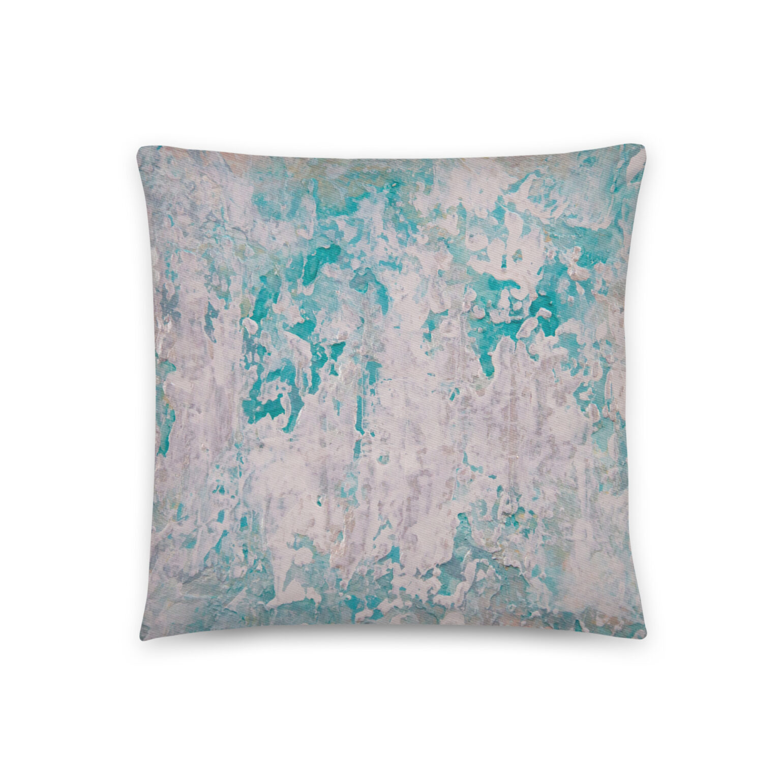 Teal Escape throw pillow — blush white over deep turquoise, printed from a textured abstract acrylic painting by Pacific Northwest artist Kristy Lewellen