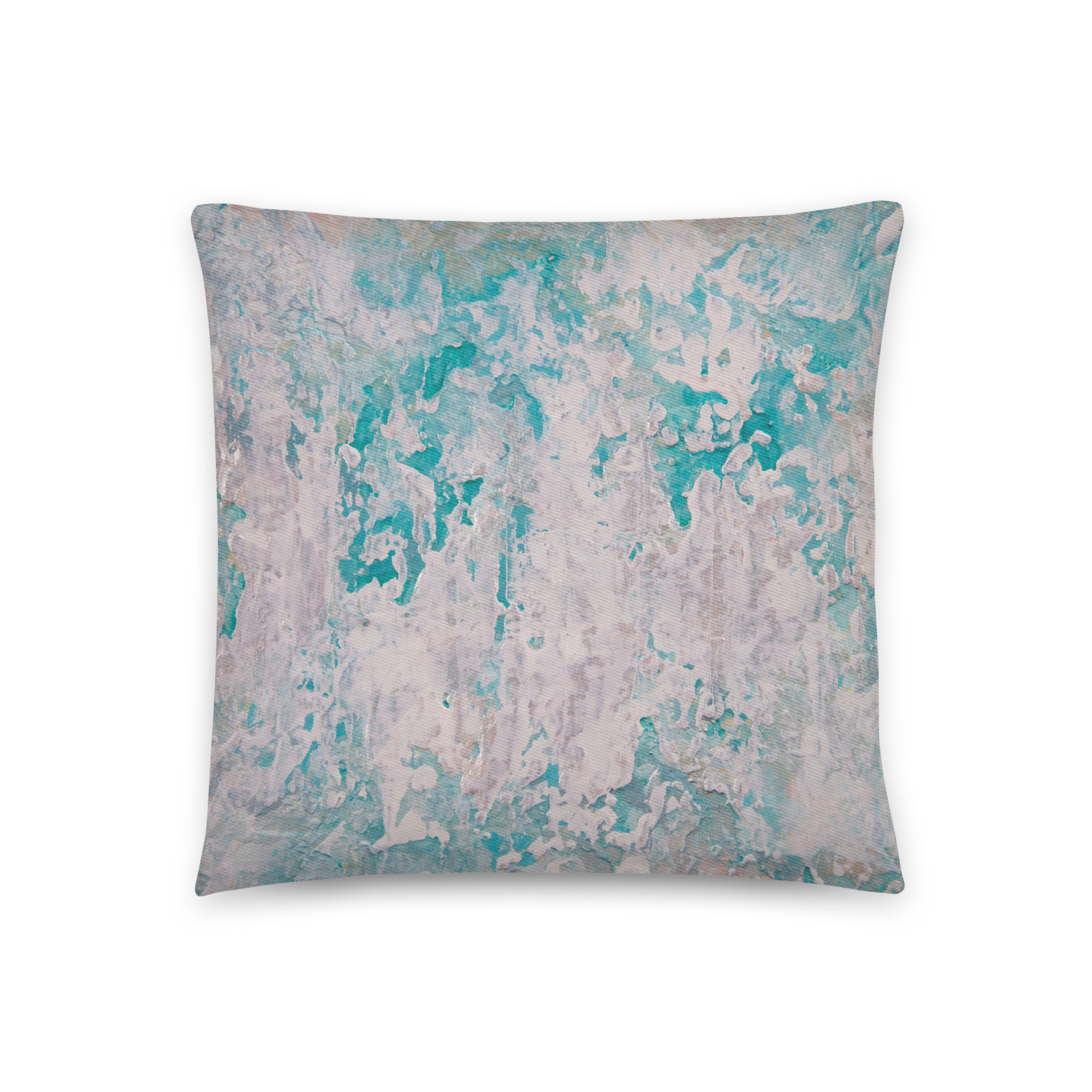 Teal Escape throw pillow — blush white over deep turquoise, printed from a textured abstract acrylic painting by Pacific Northwest artist Kristy Lewellen