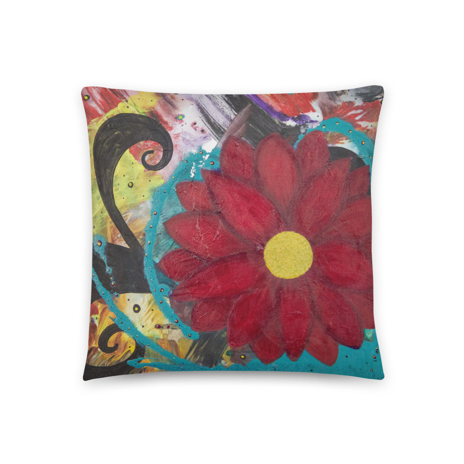 Burgundy Bloom throw pillow — deep red flower with a gold center, printed from an acrylic painting by Pacific Northwest artist Kristy Lewellen