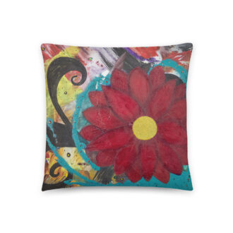 Burgundy Bloom throw pillow — deep red flower with a gold center, printed from an acrylic painting by Pacific Northwest artist Kristy Lewellen