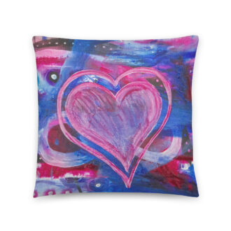 Loving Heart throw pillow — pink heart over cobalt blue and magenta, printed from an acrylic painting by Pacific Northwest artist Kristy Lewellen