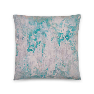 Teal Escape throw pillow — blush white over deep turquoise, printed from a textured abstract acrylic painting by Pacific Northwest artist Kristy Lewellen