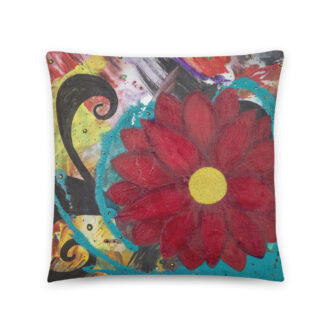 Burgundy Bloom throw pillow — deep red flower with a gold center, printed from an acrylic painting by Pacific Northwest artist Kristy Lewellen