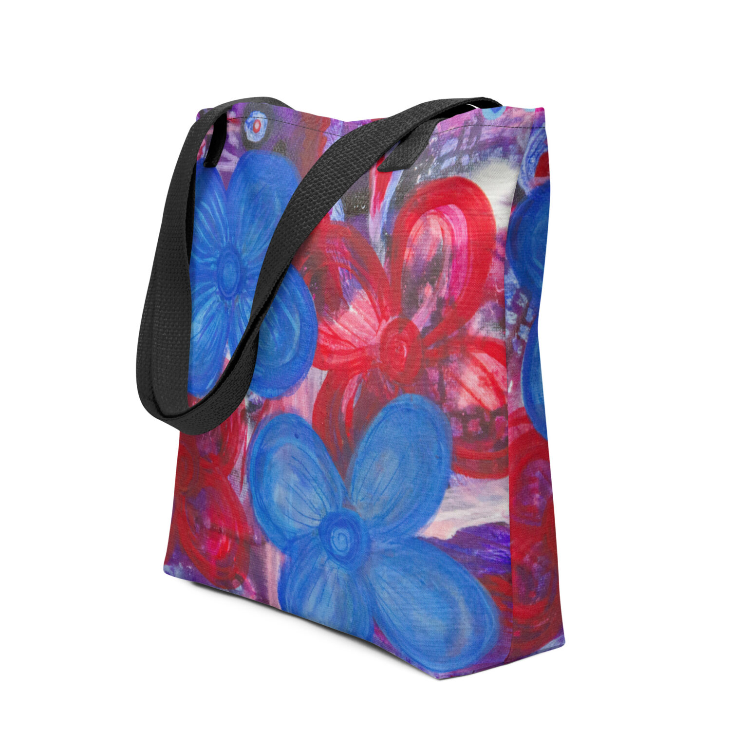Flowering tote bag — big cobalt blue and red flowers over violet, printed from an acrylic painting by Pacific Northwest artist Kristy Lewellen