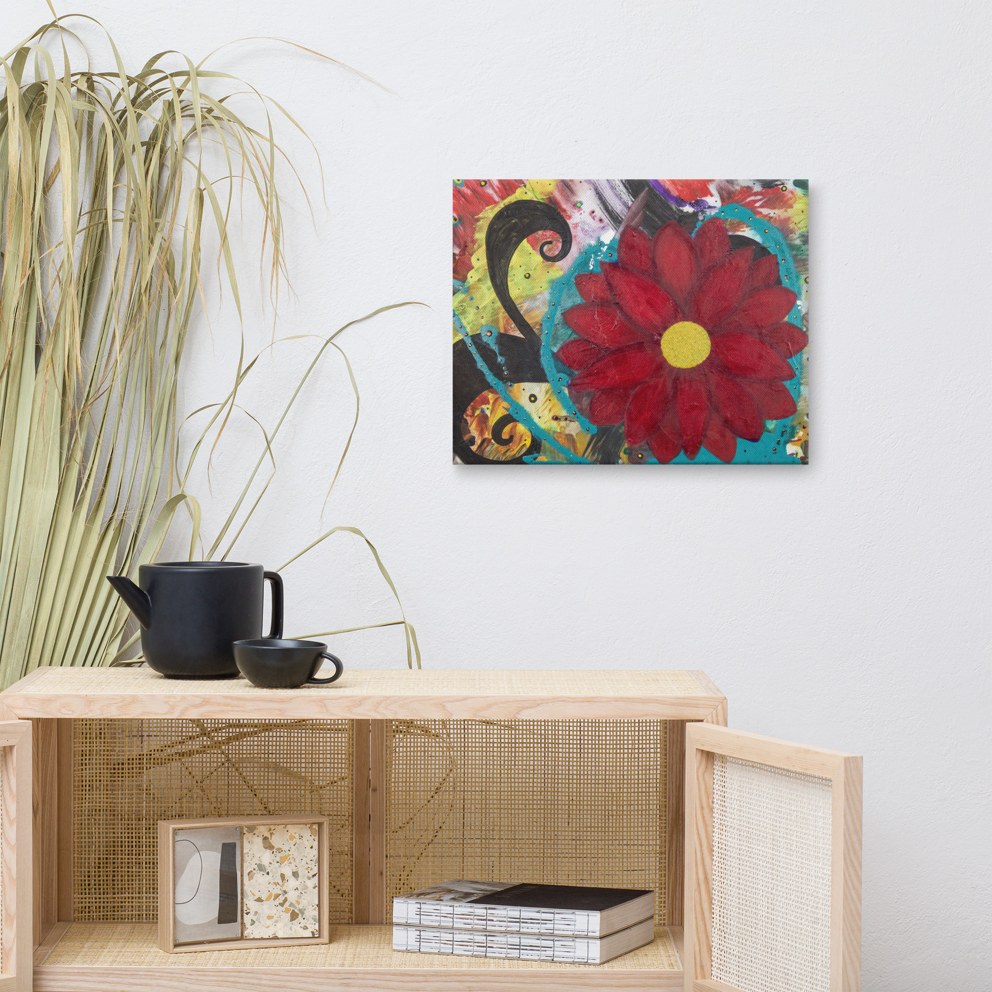 Burgundy Bloom canvas print — burgundy-red flower with a gold center, gallery-wrapped canvas reproduction of an acrylic painting by Pacific Northwest artist Kristy Lewellen