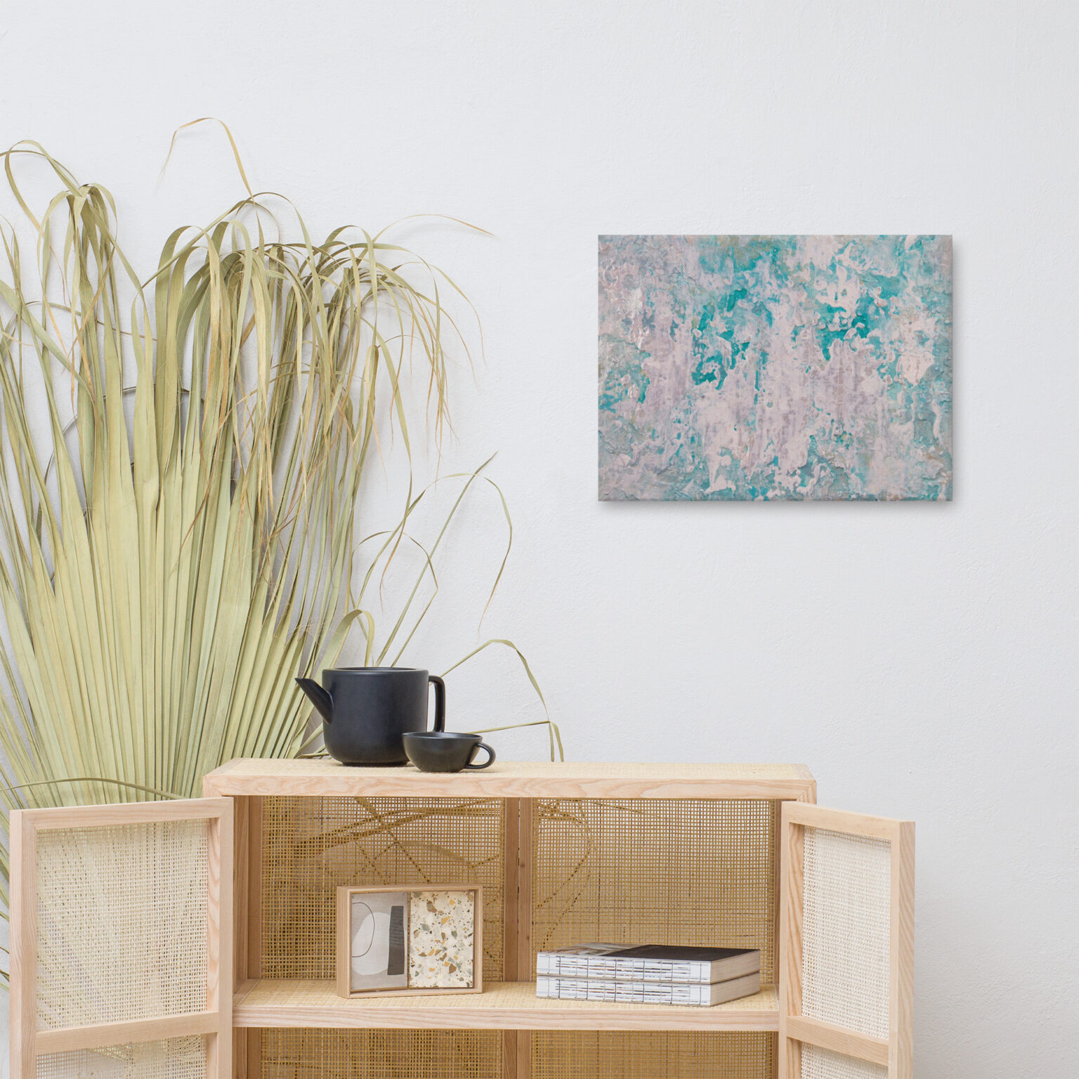 Teal Escape canvas print — blush white scraped over deep turquoise, gallery-wrapped canvas reproduction of an acrylic painting by Pacific Northwest artist Kristy Lewellen