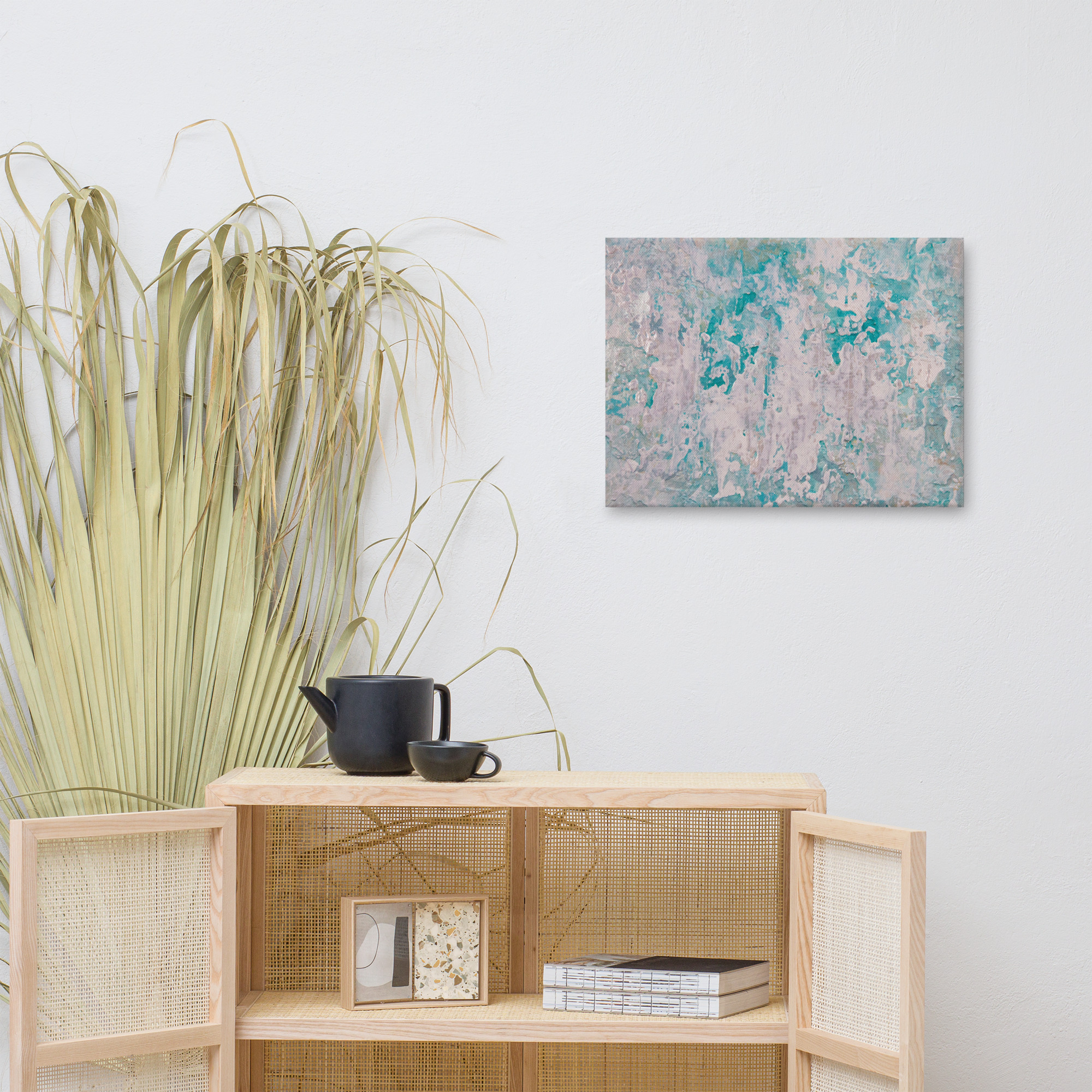 Teal Escape canvas print — blush white scraped over deep turquoise, gallery-wrapped canvas reproduction of an acrylic painting by Pacific Northwest artist Kristy Lewellen