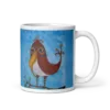 On a Limb bird mug — whimsical brown bird on a branch against blue, printed on a white 11 oz ceramic mug