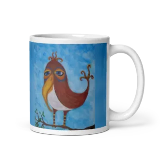 On a Limb bird mug — whimsical brown bird on a branch against blue, printed on a white 11 oz ceramic mug