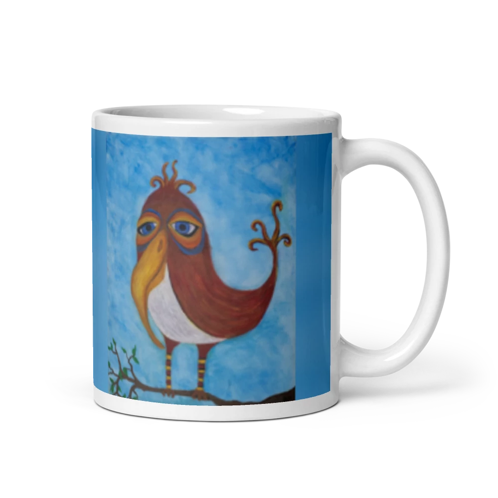 On a Limb bird mug — whimsical brown bird on a branch against blue, printed on a white 11 oz ceramic mug