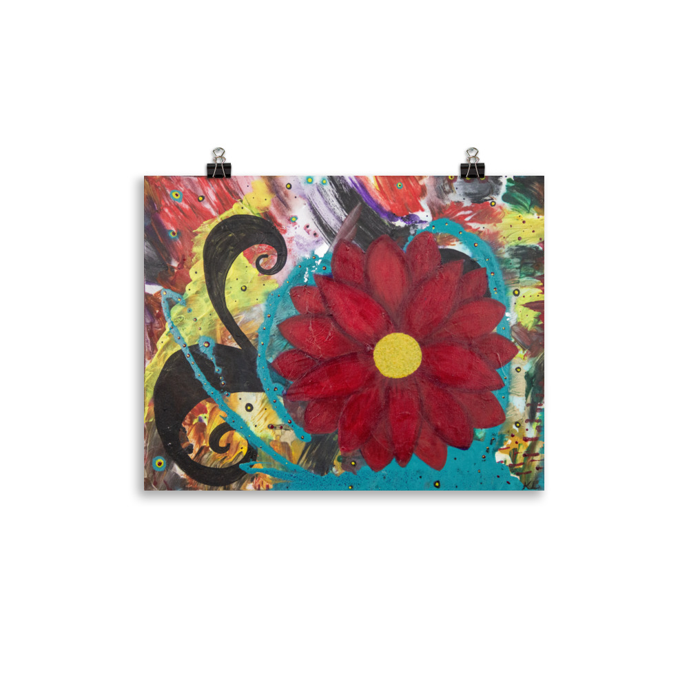 Burgundy Bloom art print — burgundy-red flower with a gold center, acrylic floral painting print by Pacific Northwest artist Kristy Lewellen