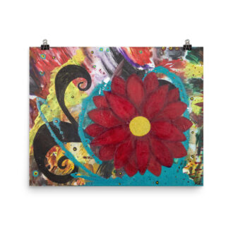 Burgundy Bloom art print — burgundy-red flower with a gold center, acrylic floral painting print by Pacific Northwest artist Kristy Lewellen