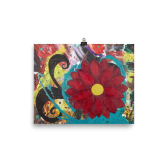 Burgundy Bloom art print — burgundy-red flower with a gold center, acrylic floral painting print by Pacific Northwest artist Kristy Lewellen