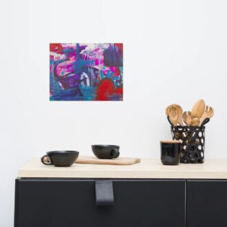 Longing art print, magenta and blue abstract, hanging above a black sideboard with coffee cups, by Pacific Northwest artist Kristy Lewellen