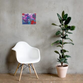 Longing art print, magenta and blue abstract, hanging on a grey wall above a white chair and a potted plant, by Pacific Northwest artist Kristy Lewellen
