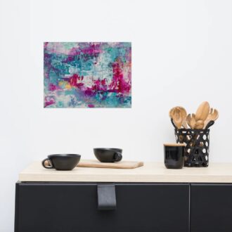 Mermaid Dream art print, teal and magenta palette knife abstract, hanging above a black sideboard with coffee cups, by Pacific Northwest artist Kristy Lewellen