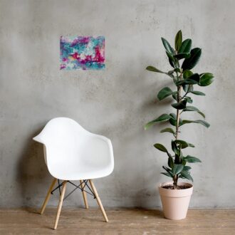 Mermaid Dream art print, teal and magenta palette knife abstract, hanging on a grey wall above a white chair and a potted plant, by Pacific Northwest artist Kristy Lewellen