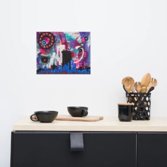 Neon Skyline art print, neon abstract cityscape, hanging above a black sideboard with coffee cups, by Pacific Northwest artist Kristy Lewellen