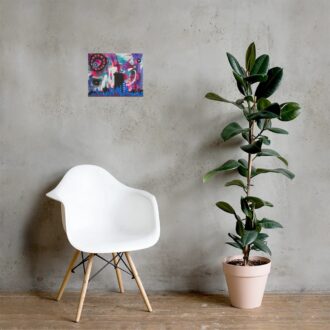 Neon Skyline art print, neon abstract cityscape, hanging on a grey wall above a white chair and a potted plant, by Pacific Northwest artist Kristy Lewellen