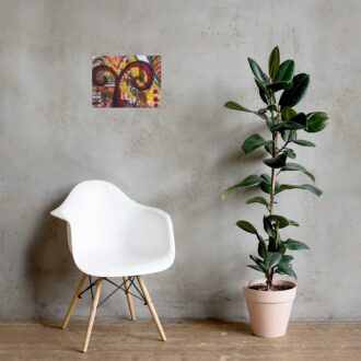 Rising art print, red, gold and black abstract, hanging on a grey wall above a white chair and a potted plant, by Pacific Northwest artist Kristy Lewellen