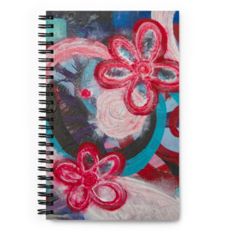 Floral Flow spiral notebook — pink and red flowers over teal swirls on the cover, from an acrylic painting by Pacific Northwest artist Kristy Lewellen