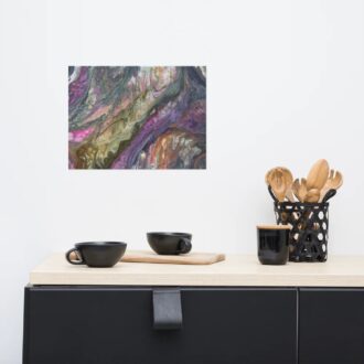 The Flow art print, gold, copper and plum acrylic pour painting, hanging above a black sideboard with coffee cups, by Pacific Northwest artist Kristy Lewellen