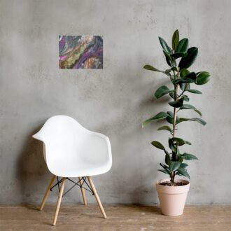 The Flow art print, gold, copper and plum acrylic pour painting, hanging on a grey wall above a white chair and a potted plant, by Pacific Northwest artist Kristy Lewellen