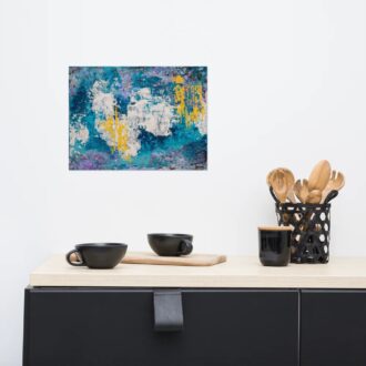 Touch of Yellow art print, blue, white and gold textured abstract, hanging above a black sideboard with coffee cups, by Pacific Northwest artist Kristy Lewellen