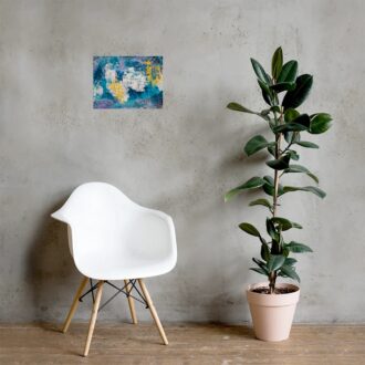 Touch of Yellow art print, blue, white and gold textured abstract, hanging on a grey wall above a white chair and a potted plant, by Pacific Northwest artist Kristy Lewellen