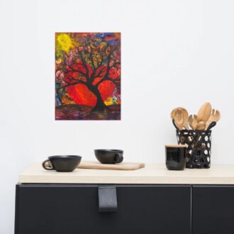 Tree of Love art print, red and orange tree painting, hanging above a black sideboard with coffee cups, by Pacific Northwest artist Kristy Lewellen